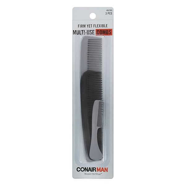 CONAIRMAN FIRM YET FLEXIBLE MULTI-USE HAIR COMBS – DURABLE STYLING COMB SET FOR ALL HAIR TYPES, INCLUDES DRESSING COMB, POCKET & BEARD COMB FOR PRECISION GROOMING, ASSORTED SIZES, 3-COUNT