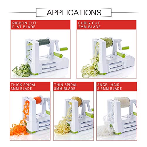 5 IN 1 Spiralizer Vegetable Slicer , Powerful Food Slicer Anti-Slip Sucker Spiral Slicer for Zucchini Noodles and Veggie Pasta Maker