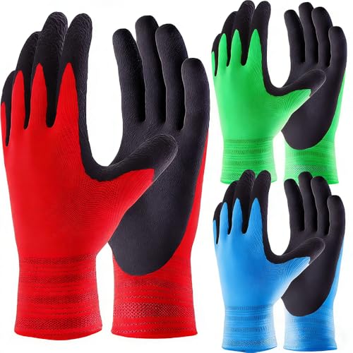 Toptekhans 3 Pairs Gardening Gloves for Women and Men, Recycled Polyester Garden Gloves with Latex Coated Comfortable Breathable Work Gloves (L(9'))