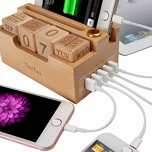 USB Charging Station for Apple/iphone 8 Plus/7/6/5s&amp;iPad and Android Phone Samsung Galaxy S8/S7,5-Port Fast Desktop Charging Organizer DIY Advent Calendar 2018 Name Cards &amp; Pens Dock Eco Friendly Wood