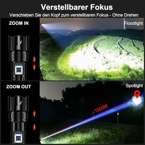 Shadowhawk Torch LED 10000 Lumens, Extremely Bright Torch, USB Rechargeable Tactical Torches with Holster CREE XHP70.2, IP67 Waterproof, 5 Light Modes, for Camping, Hiking, Emergencies (26650 Battery)