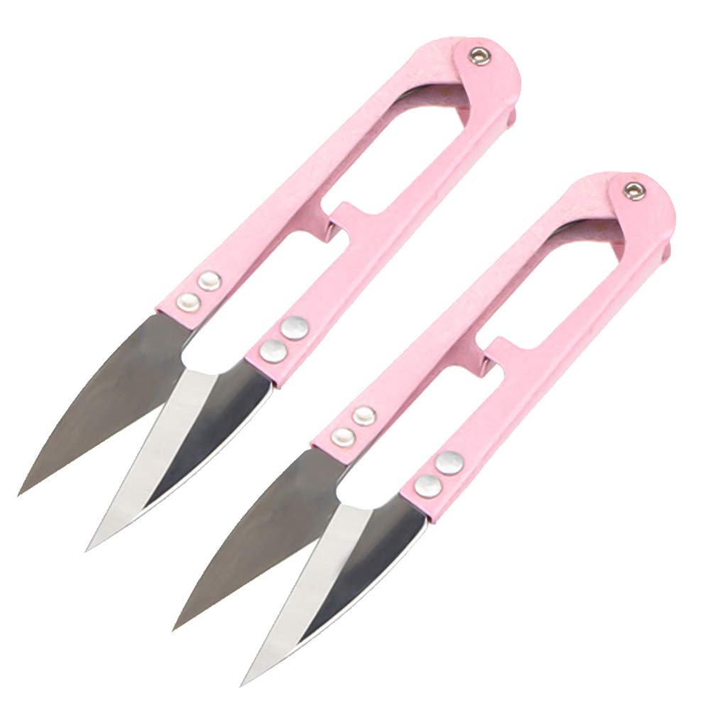 Qoosea 2PCS Metal U-Shaped Grip Sewing Scissors Yarn Thread Tailors Cutter Mini Small Snips Trimming Nipper - Great for Stitch,DIY (Pink)