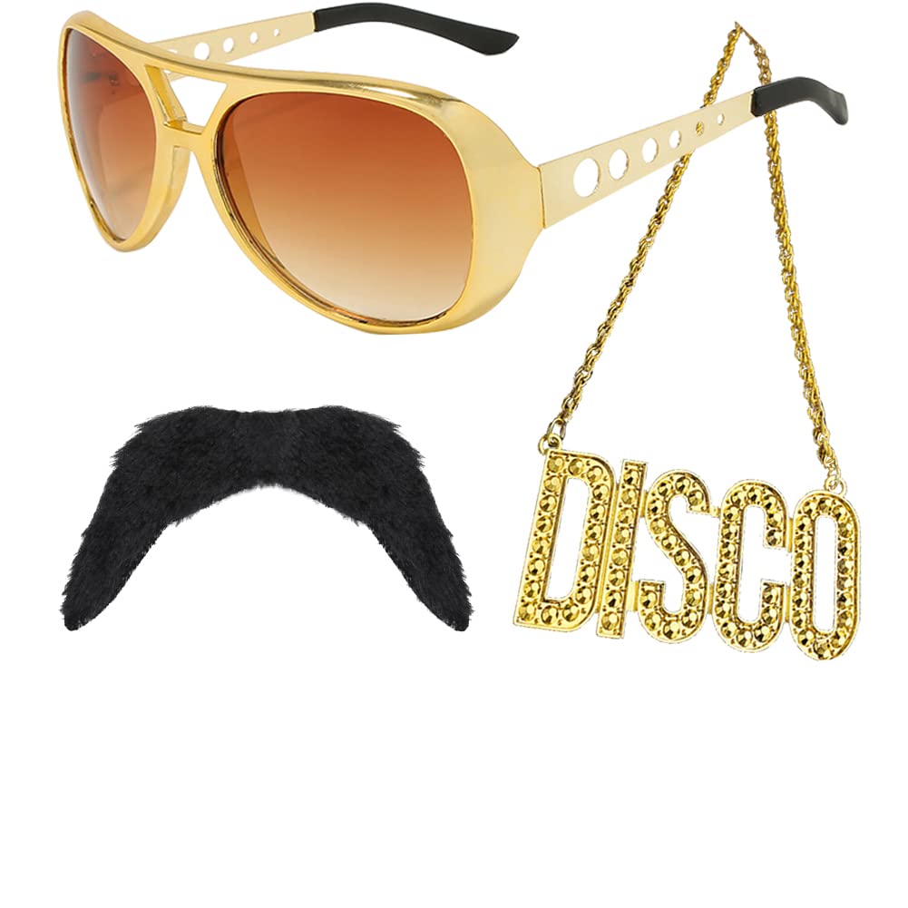 RichMoho Men Hippie Costume Set Disco Costume Accessories Women Disco Necklace Sunglasses Mustache 60s 70s Costume Accessories Hippie Glasses 50S 60S 70S 80S Discos Theme Party