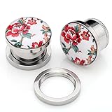 PiercingJ Mens Womens Pair Punk Stainless Steel Screw Tunnels Ear Expander Stretcher Piercing Gauge (Chinese Peony)