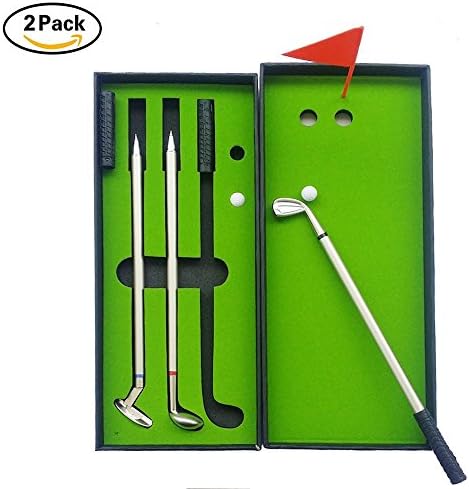 AUTOW 2 Pack Golf Pen Set, Mini Desktop Golf Ball Pen Gift Set with Green Putting, Flag, 3 Colors Metal Golf Clubs Models Ballpoint Pens &amp; 2 Balls