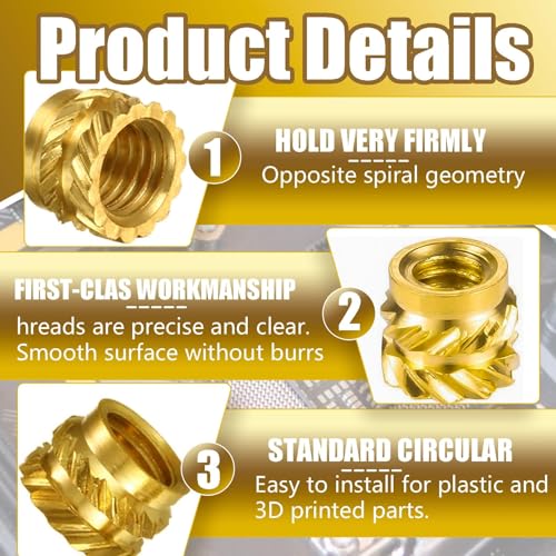 KongJies Thread Knurled Nuts, M3Threaded Inserts, 100 Pcs Knurled Brass Nuts, 3D Printing Brass Nuts for Wood, Plastic, Metal, Sheet Metal
