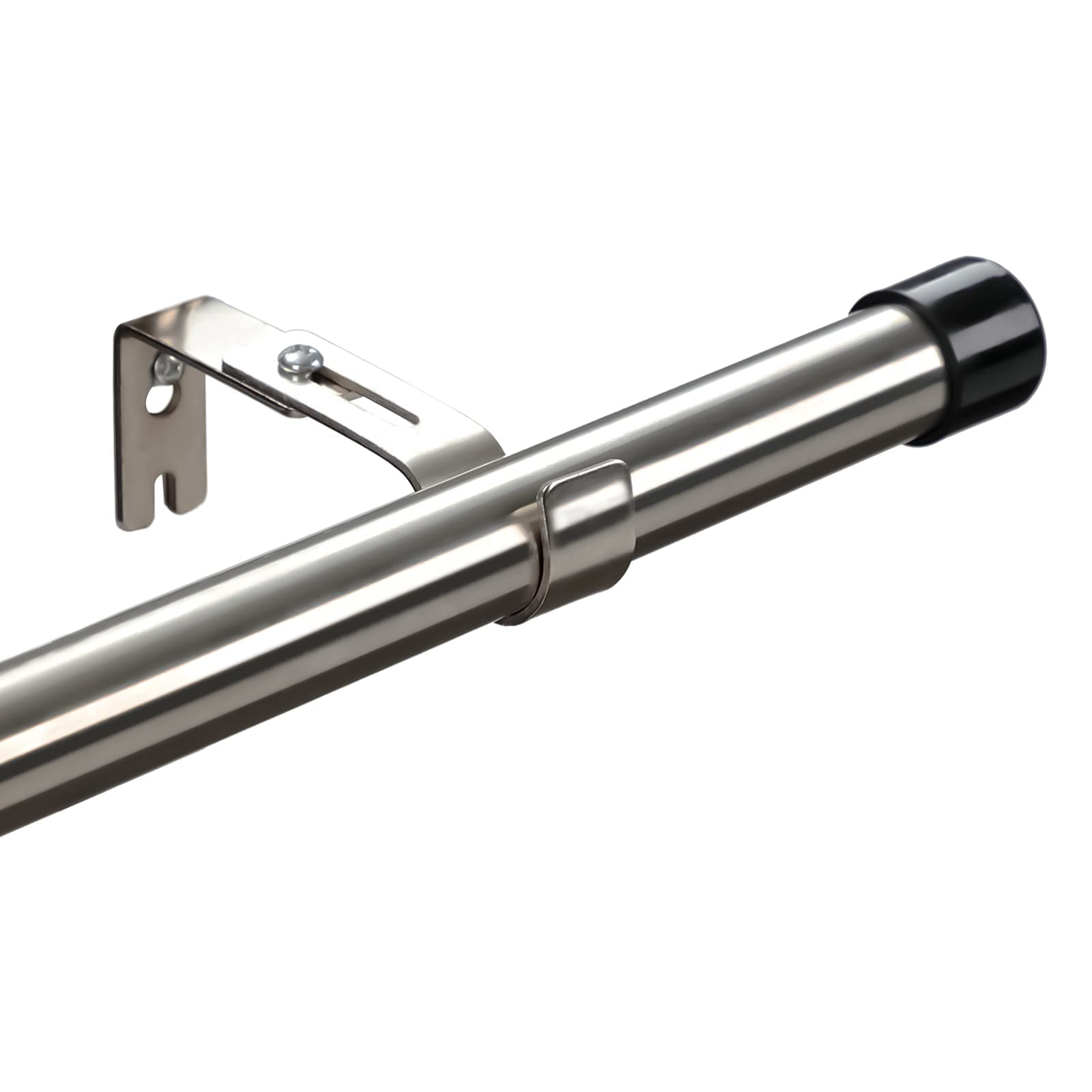 Harrms Curtain Poles for Eyelet Curtains, Silver Curtain Pole 76-157cm, 25mm Blackout Window Curtain Rod Metal Extendable with Adjustable Brackets and Black Cap Finials