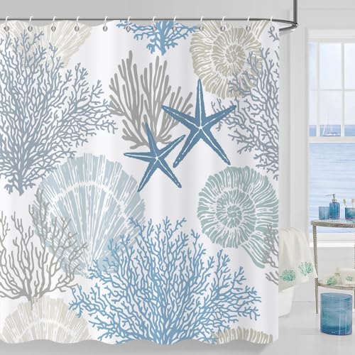 Photo 1 of Caheansi Nautical Coastal Shower Curtain, Blue Ocean Beach Seashell Starfish Themed Bathroom Curtain Waterproof Fabric Machine Washable with Hooks, 72" Wx72 L