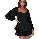 Plustrong Womens Latern Long Sleeve Ruffle Layer Romper Dress Boho Square Neck Short Mini Jumpsuits
