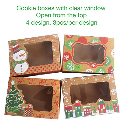 12 Christmas Cookie Boxes -Large Kraft Holiday Bakery Food Container for Gift Giving with 80 Count Christmas Foil Gift Stickers