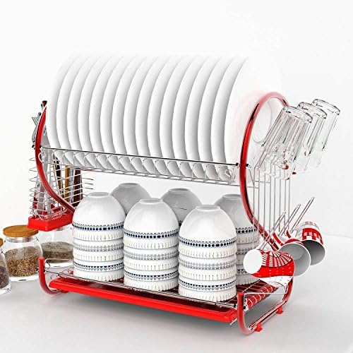 Meharbour 2 Tier Dish Rack and Drain board, Kitchen Chrome Dish Cup Drying Rack Drainer Dryer Tray Cutlery Dish Drainer S Shape, Red, 16″ x 9.6″ x 15.6″ (US STOCK)