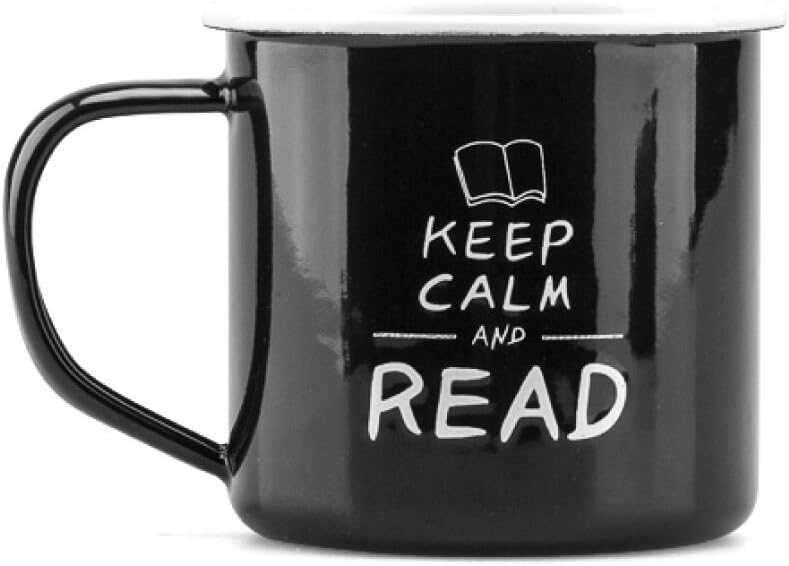 Enamel Mug with White Rim,Camping Coffee Tea Cup with Pattern Book and KEEP CLAM & READ Character Design,Perfect for Home,Camping or Office (black)