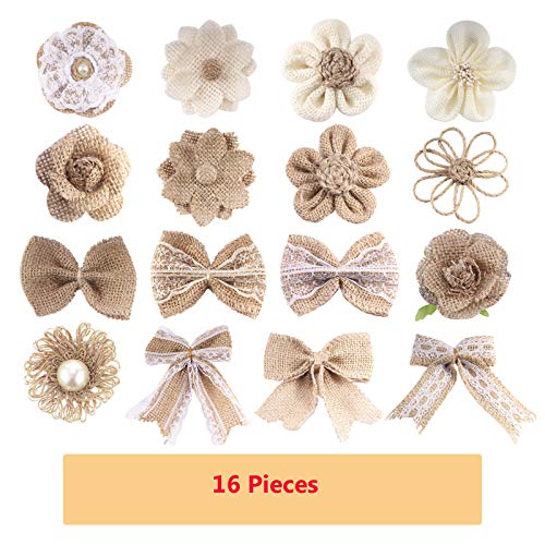 Forise Natural Burlap Ribbon Flowers Set,Include 16pcs Handmade Rustic Burlap Flowers,Different Sizes of Lace Burlap Ribbon Roll and Twine Ribbon for Wedding Home Craft Embellishment,21pcs