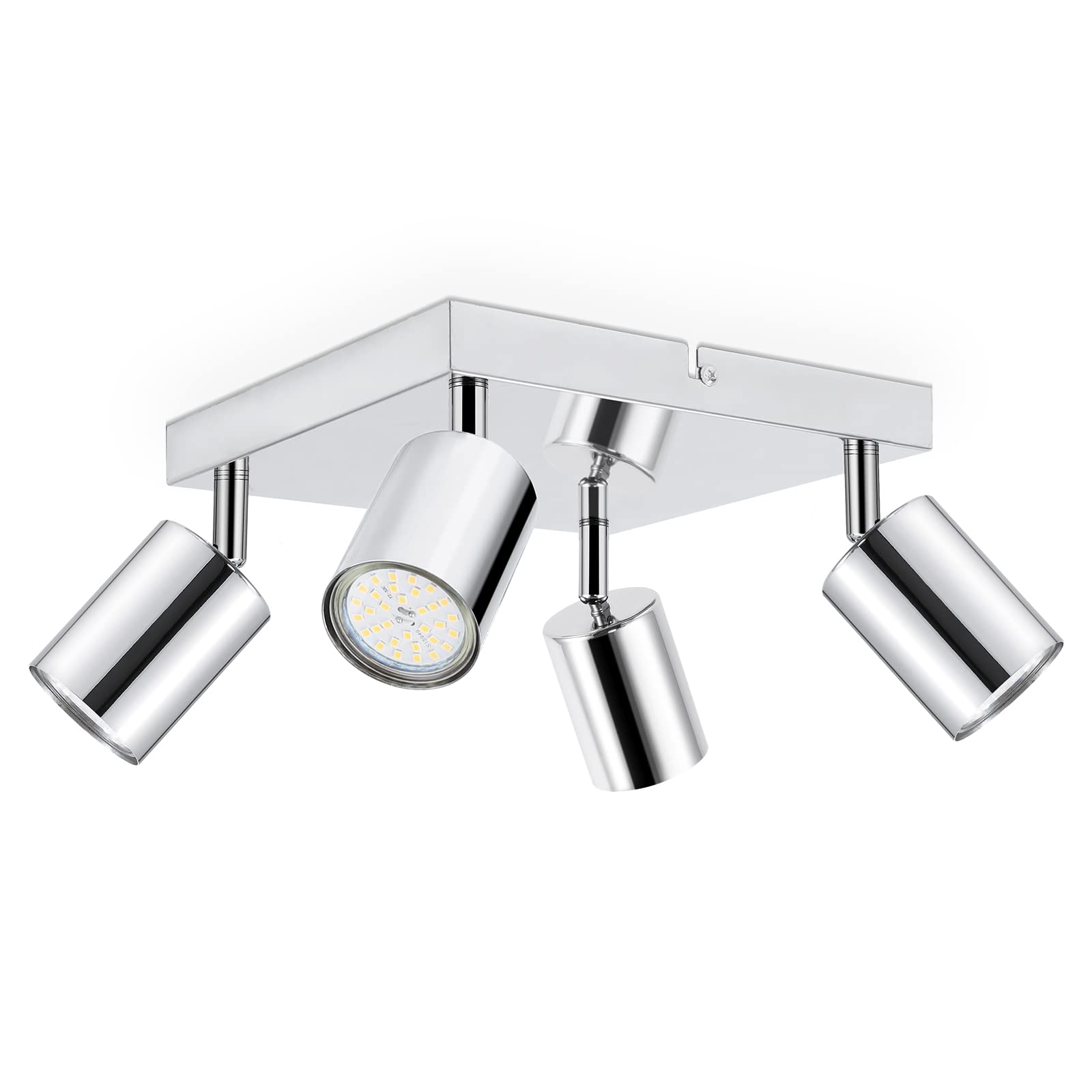 Dehobo Ceiling Spotlight Indoor in Polished Chrome, Kitchen Lights Ceiling GU10 Modern Spot Lights Ceiling Lights with Square Plate, 4 Way Ceiling Light for Kitchen Lounge Bedroom Dining
