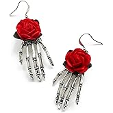 Halloween Skull Hand Earrings for Women, Vintage Gothic Spooky Skeleton Rose Flower Drop Dangle Earring, Hypoallergenic Hook Punk Jewelry Gifts for Party Costume Dress Up Ghost