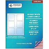 Premium Label Supply Glossy White Square Sticker Labels – 3" x 3" – (6 per Sheet) (Glossy White for Laser Only, 60 Labels)