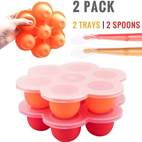 Baby Food Storage Container Freezer Trays Reusable Silicon Tray with Clip on Lid 2 Pack Bundle with 2 Bonus Feeding Spoons BPA Free