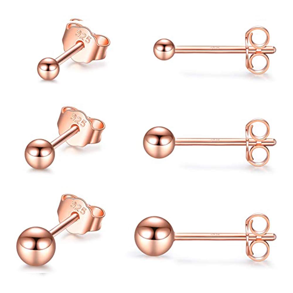 PRETTERY Silver Stud Earrings Set for Women, 3 Pair 925 Sterling Silver Round Rose Gold Plated Ball Studs Earrings Set for Girls Chirldren, Size: 3mm, 4mm, 5mm