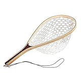 Isafish Fishing Net, Fly Fishing Landing Net with Soft Rubber Mesh and Wooden Frame for Trout Bass Fishing Catch and Release