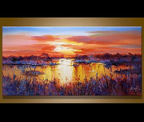 1-Piece Abstract Canvas Wall Art Modern Landscape River Sun Dead Tree Oil Painting for Living Room Home Bedroom Office Contemporary Artwork Decor (24x48inch)