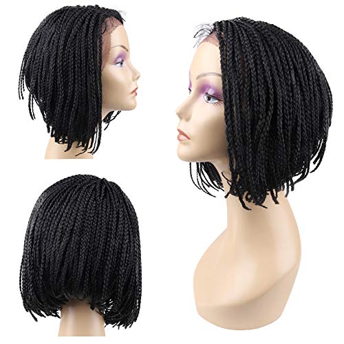 Jiayi Short Box Braided Lace Front Wigs Full Braids with Natural Side Bob A-line Hand-tied Part Half Hand-made 12 inch Glueless Braided Wigs for Black Women with Baby Hair for Daily Wear (1#)