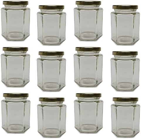 12 Pack, Hexagon Glass Jars 9 oz Fluid/ 12 oz Honey with Metal Lids, Canning Jars for Homemade DIY Jam, Jelly, Honey, Oil, Lotion, Wedding Favors, Baby Food and Much More
