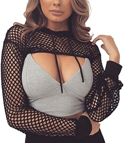 ZMLIA Womens Fishnet Hollow Out Long Sleeve Crop Top Hooded Mesh Shirts