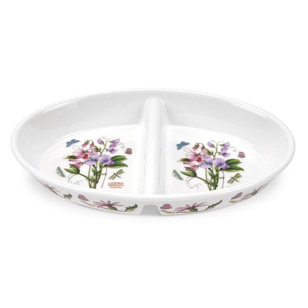 Portmeirion x Botanic Garden Oval Divided Dish - White Porcelain Floral Divided Serving Dishes, Stylish & Versatile, Safe for Microwave, Oven, Freezer & Dishwasher, 29cm