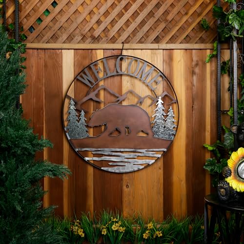 Alpine Corporation JUM408BR Metal Mountain Bear Scenery Welcome Silhouette Wall Decor; Sign for Entryway & Walkway; 31″ H