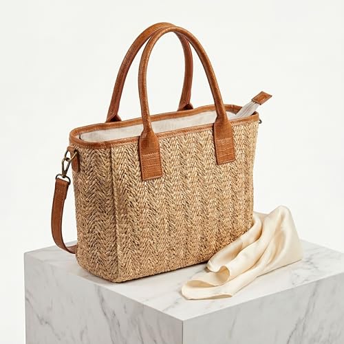 Women's Raffia Bag – Handwoven Straw Tote Bag with PU Leather Handles – Adjustable Shoulder Bag, Includes Small Purse, Summer and Beach Bag with Secure Closure (Brown)