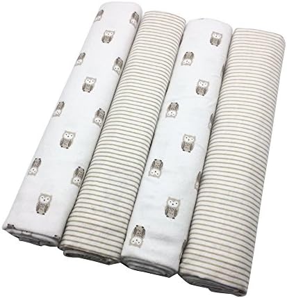 Wingkids Infant Swaddling Blankets 4 Pack Ultra Soft 100% Cotton Bedclothes for Baby, 4 Patterns Swaddle Blankets Baby Bed Sheet Receiving Blankets 40"x 30" (Owl and Line)