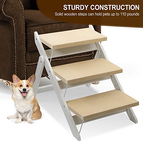 Niubya Wooden Foldable Dog Stairs, Portable 2in1 Pet Ramp for Small