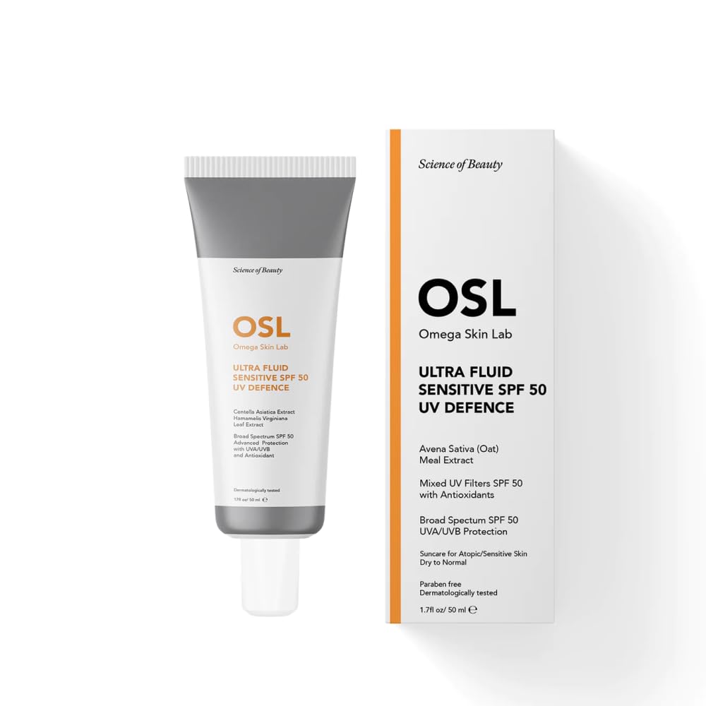 OSL Ultra Fluid Sensitive Sun Cream SPF 50 Face Moisturiser - UV Defence 50ML - Perfect for Dry, Sensitive, Allergic Skin - Enriched with Avena Sativa Meal Extract