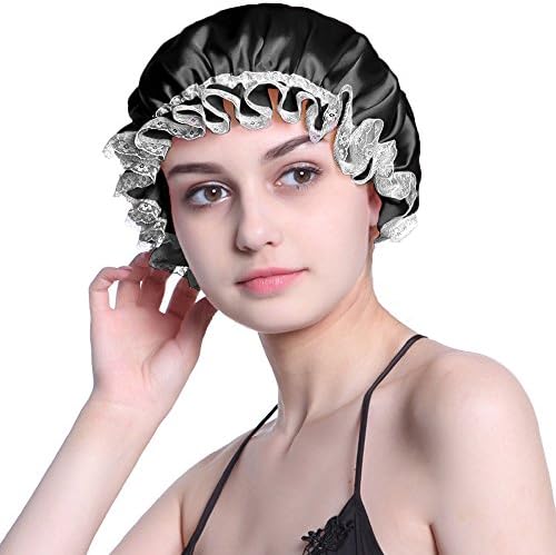 Mulberry Silk Sleep Night Cap Elastic Brand Lace For Curly Springy Hair (Black)