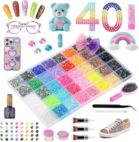 40 Colors 40000Pcs Resin Jelly Rhinestones for Bedazzling, Multicolor 3mm Flatback Gems for Diamond Art, Bedazzler Kit with 3Pcs 10ml B7000 Jewelry Glue for Nail Art Crafting Book Makeup
