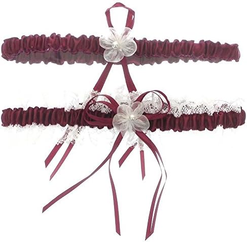 Ice Beauty Lace Pearl Floral Ribbon Bridal Wedding Leg Garter Sets Burgundy