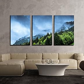 3 Piece Canvas Wall Art - Green Hills with Fog Background - Modern Home Art Stretched and Framed Ready to Hang - 16"x24"x3 Panels