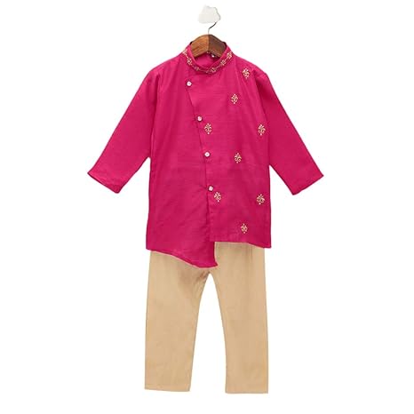 Kid1 By Hopscotch Boys Silk Motif Design Cross Cut Kurta Pyjama in Pink Color
