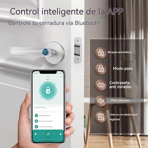 Cerradura Electrónica Inteligente - Chapa Inteligente para Puerta 5 en 1: Huella Digital, TuYa APP, Contraseña, Llave Mecánica y Tarjeta IC, Fácil de Instalar, Alta Seguridad