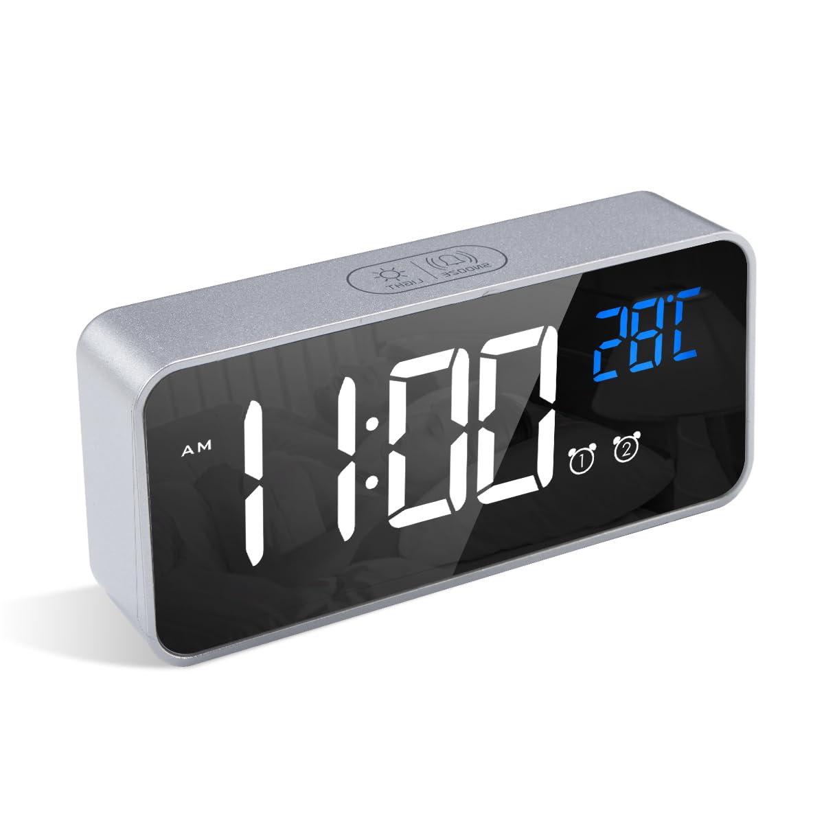 LATEC Digital Bedside Clock with Big LED Temperature Display - Alarm with 10 Sounds, USB Charging, 4 Levels Brightness Dimmer, Snooze, Portable Mirror, Dual Alarm - Silver