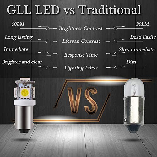 GLL BA9S LED Bulb 5SMD White 1893 44 47 756 1847 Wedge Pinball Machine Light Car Instrument Panel Gauge Cluster Lamp 6VDC/6.3VDC 20pack