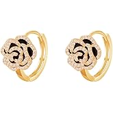 Black Rose Hoop Earrings Huggie for Women Flower Hoop Earrings Cartilage Helix Cubic Zirconia Tiny Small Round Hooped 14k Gold-Tone Plated Wedding Statement Trendy Floral Earring Xmas Jewelry Gifts