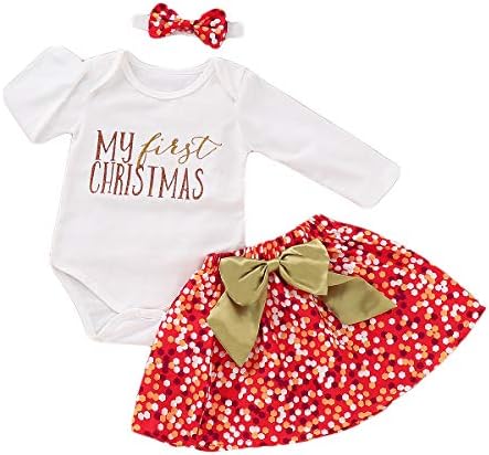 3Pcs Baby Girl Christmas Outfit Set My First Christmas Romper Skirt Tutu Dress Headband