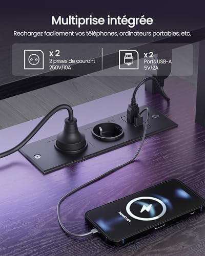 Bureau Gaming avec LED et Multiprise, Table Gamer, Bureau Informatique avec Rehausseur d’Écran, pour 2 Ordinateurs, Chambre, 100 x 55 cm, Noir Boisé LWD191B56V2