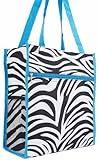 World Traveler Zebra Print Medium Travel Tote Bag, Black and White with Blue Trim
