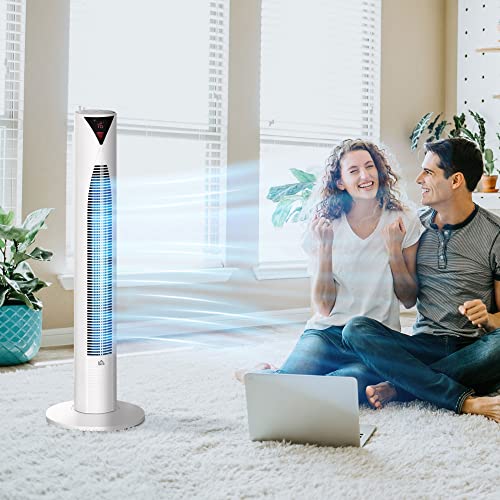 HOMCOM Freestanding Tower Fan Cooling for Home Bedroom with Oscillating, 4 Modes, 3 Speeds, 12h Timer, LED Sensor Panel, Remote Controller, White