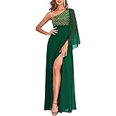 YHHOWEP Women's Formal Evening Gowns Dress Long One Shoulder Sparkly Sequin Chiffon Split Cocktail Wedding Guest Ball Dresses