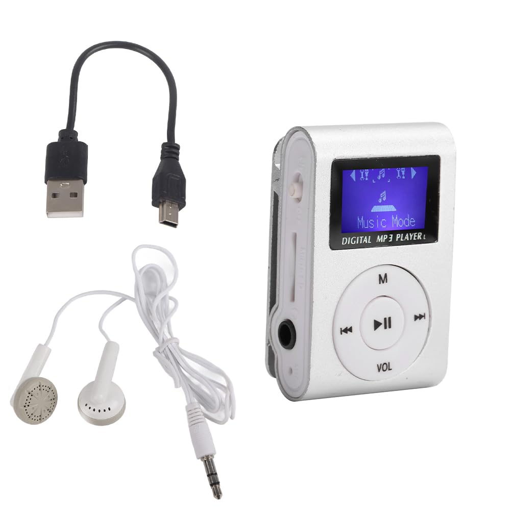 Joyzan Mp3 Players, Portable Digital Music Media Player with BackClip LCD Screen Mini MP3 Sports Voice Recorder Support 32GB Memory Card Earphone USB Cable for Outdoor Running(Silver)