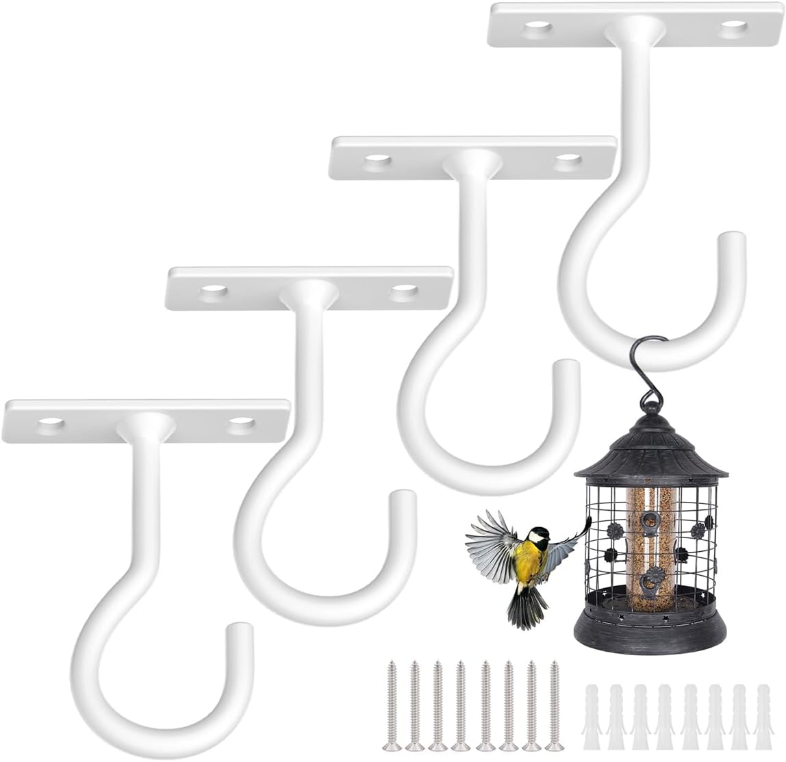 Outdoor Hanging Brackets - QTJUST Ceiling Hooks for Hanging Plants 4pack 2.5inch Wall Mount Plant Hooks Meatl Plant Hanger Indoor for Hanging Lanterns, Bird Feeder, Flower Basket, Home Decor Indoor & Outdoor (White)