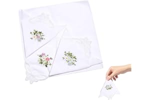 Handkerchief Women 6 Pack – 100% Cotton Embroidered Floral Lace Corner White Hankies 11x11in Soft Reusable Handkerchiefs for 